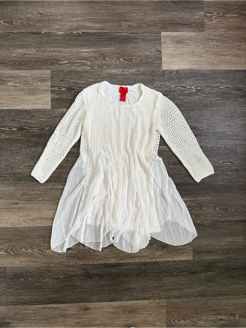 Cristina White Crochet Mesh Knit Mixed Media Flowy Tunic Blouse Top Medium Boho